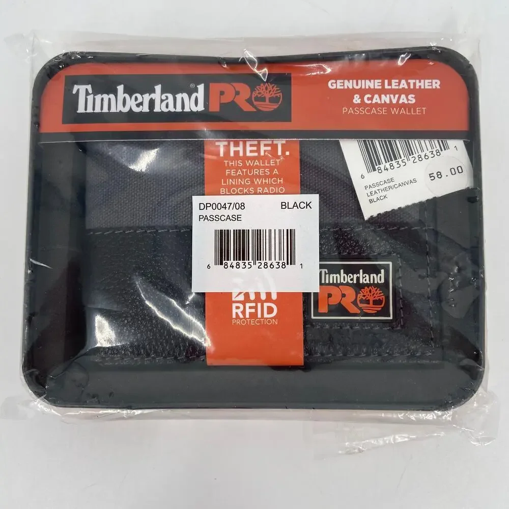 Timberland RFID Wallet Black Passcase Pro Leather With ID Slot in Tin Gift Box